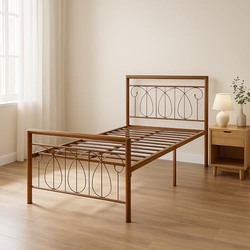 Image of Kovu Metal Single Size Bed Without Storage | Wrought Iron Single Bed with Headboard & Footboard| Sturdy Powder Coated Platform Cot for Bedroom, Living Room, (Kovu Brown)