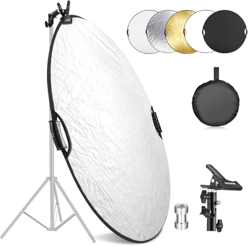 NEEWER 110cm Réflecteur Lumière avec Pince et Poignées, Réflecteur Photographie Multi-Disque Pliable 5 en 1 Translucide/Argent/Or/Blanc/Noir avec Filetage 3/8' pour Éclairage Extérieur Studio,RF-110II