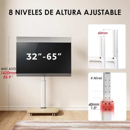 Miniatura 4 de Soporte De Tv Aokcos Enrollable Con Estante De Madera, Soporte De Tv Con Ruedas Para Tv De 32-65 , Soporte De Suelo Para Tv Regulable En Altura Giratorio, Máx Vesa 400x400mm 40kg