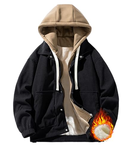 Men's Fleece Jacket with Hood Warm Corduroy Jacket Full Zip Windbreaker