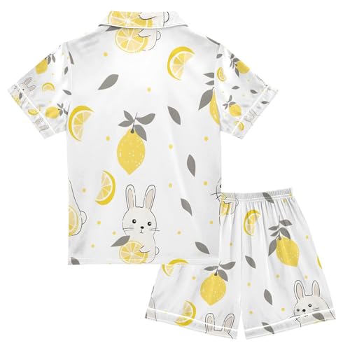 senya Rabbit with Lemon Satin Summer Pajama Sets Silk Short Sleeve Button Down Sleepwear2