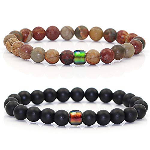 Gleamart 2 Stück Frosted Achat Armband Picasso Stein Armband mit Einer Farbe ändernde Stimmungsperle für Männer Frauen Cover