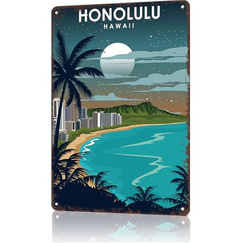 Honolulu Hawaii At Night Vintage City Landscape Metal Tin Sign, Retro Travel Tin Signs Posters For Man Cave Bar Garage Car Room Streets Wall Decor 8 X 12 Inch