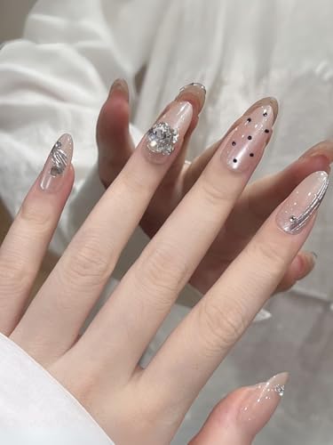 Image of Secret Lives Peach Color, Dot Print and 3D Stud Cat Eye Press-On Nails - 24PC Reusable Nail Set for Women & Girls | Long-Lasting, Easy to Apply, Artificial Nail Extensions