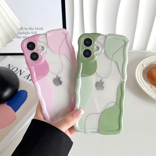 DEFBSC for iPhone 16 Plus Case, Cute Clear Wavy Art Design Aesthetic Pattern Phone Case for Women Girls, Wave Frame Durable Protective Cover Full Camera Protection Bumper for iPhone 16 Plus, Green by DEFBSC - Image 4
