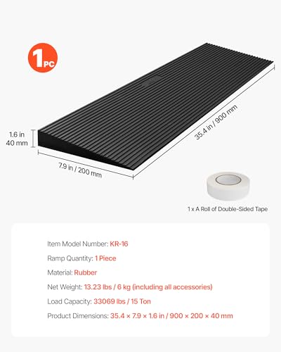 VEVOR Schwellenrampe Vollgummi Türschwellenrampe Max. Tragfähigkeit bis zu 15Tonnen Bordsteinrampe 90x20x4cm Rollstuhlrampe mit doppelseitigem Klebeband Auffahrrampe Gummirampe Selbst zum Schneiden