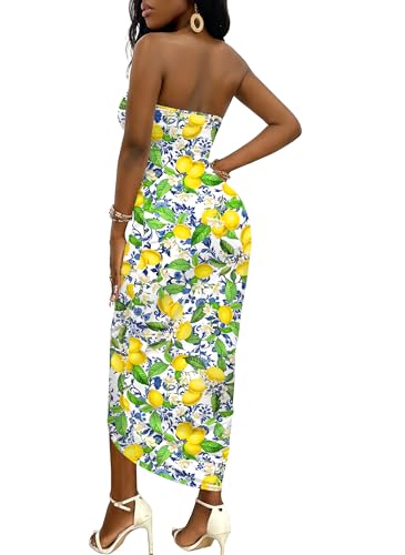 Image of Umenlele Women's Strapless Ruched High Waist Wrap Split Asymmetrical Beach Maxi Long Dress