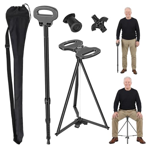 Bastón con asiento, silla convertible 2 en 1, altura ajustable de 34 a 38 pulgadas, aleación de aluminio ligera que soporta 330 libras, base de goma antideslizante para todos los terrenos, incluye