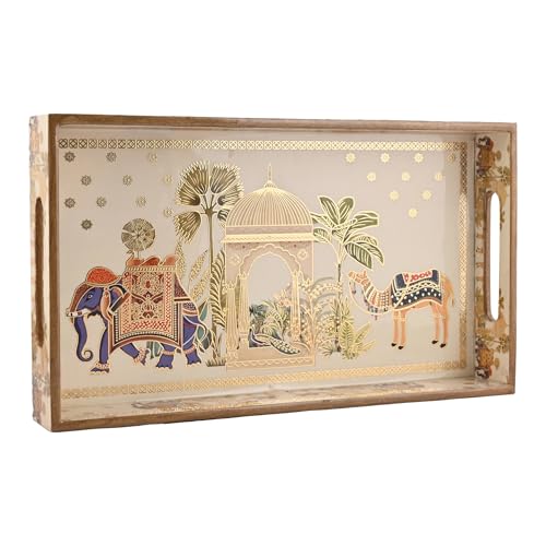 Image of Wooden Serving Tray with Gold Engraving | Set of 1 | Size :14 x 8 inch | Enamel Coated Waterproof | Rectangular | Decorative Trays | Royal Camel Medium