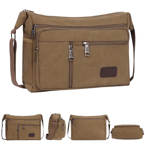 Image of Sueving Canvas Messenger Bag, Brown Men Shoulder Bag with Multiple Pockets, Casual Canvas Crossbody Bags for Men Daily Use, Cycling, Dog Walking, Work