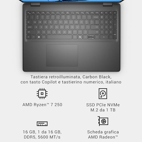 16 Laptop DC16255 16" 2K (1920x1200) Display, AMD Ryzen 7 250, AMD Radeon Grafica, 16GB DDR5 RAM, 1TB SSD, Windows 11 Home, Tastiera QWERTY IT Retroilluminata, Carbon Black - Notebook - Immagine 7