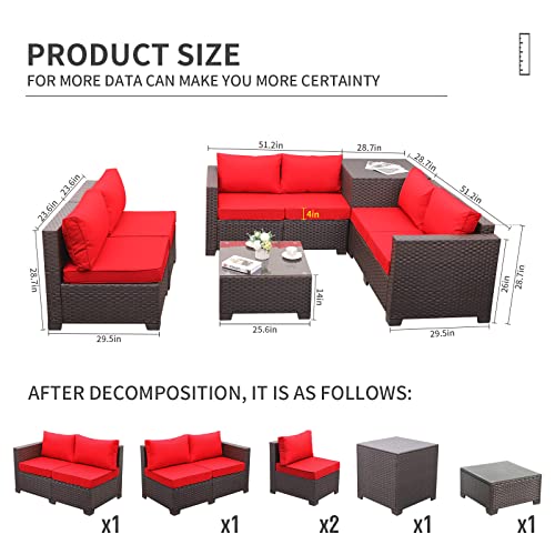 Valita Patio Pe Wicker Furniture Set 6 Pieces Outdoor Brown Rattan Sectional Conversation Sofa Chair With Storage Table And Red Cushions #TOP2