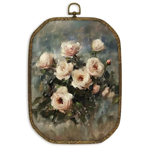 nvucamd Vintage Moody Floral Wall Art Decor Framed, Rustic Floral Octagon Canvas Prints Wall Art, Farmhouse Country Rose Hanging Decor for Bathroom Living Room Bedroom Gallery, 10.2x7 Inches