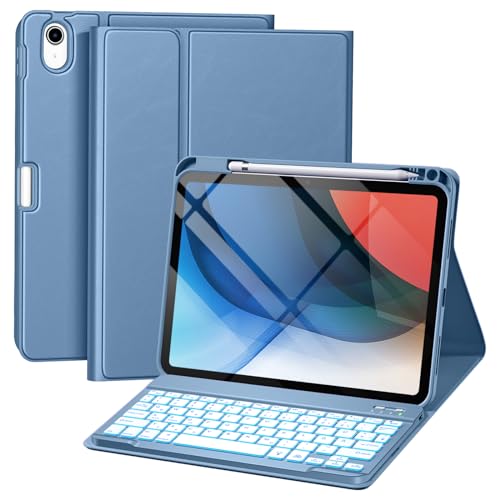 drivego Hülle mit Tastatur für iPad 11 Generation A16/10 Generation (11/10.9 Zoll, 2025/2022), 7-farbige Beleuchtung Magnetische Tastatur für iPad 11./10. Gen Hülle mit Stifthalter, Blau