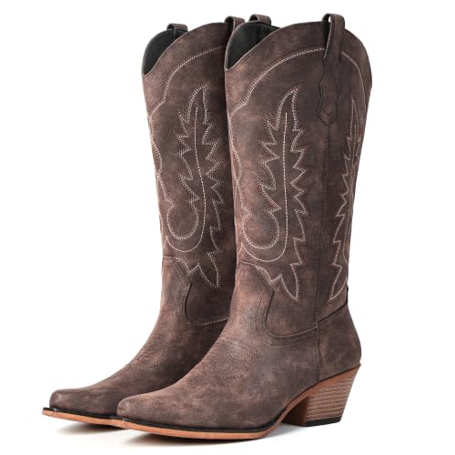 Image of Women's Pointed Toe Mid Calf Cowboy Boots - Cowgirl Boots with Chunky Heel