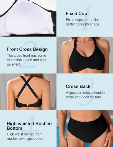 Women's Two Piece Swimsuits Full Coverage Bikini Set Tummy Control Bathing Suit Push Up V Neck Twist Front Swim Suits2