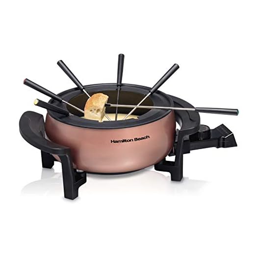 Hamilton Beach 3 Quart / 2.8 Liter 3QT Copper Electric Fondue Pot Set with Temperature Control, 6-Color Coded Forks, for Cheese, Chocolate, Hot Oil, Broth (86201)
