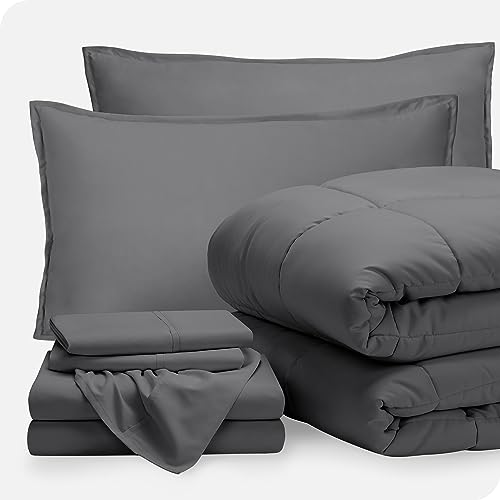 Bare Home Bed-in-A-Bag 7 Piece Comforter & Sheet Set - Split Head King - Down Alternative - Ultra-Soft 1800 Premium Bedding Set (Split Head Flex King, Grey/Grey)
