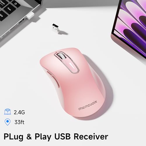 Image of memzuoix 2.4G Portable Wireless Mouse, 1400 DPI Mobile Optical Cordless Mice with USB Receiver for Computer, Laptop, PC, Desktop, MacBook, 5 Buttons (Pink)