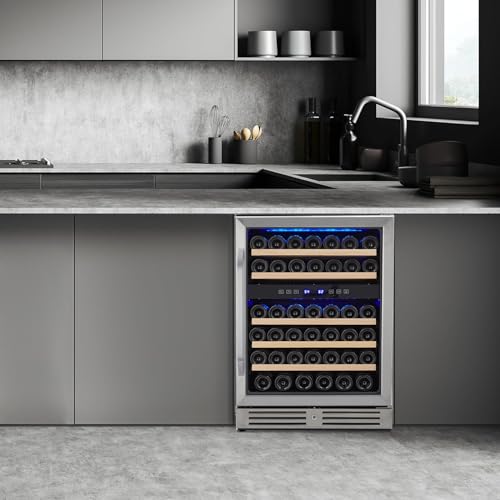 24 Inch Dual Zone Wine Cooler Refrigerator, 46 Bottle Capacity, Stainless Steel, Low Noise, Glass Door, Safety Lock