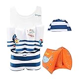 SXSHUN Kinder Badeanzug Jungen und Mädchen Trainings Swimwear Schwimmanzug Schwimmhilfe Mit UV Schutz Und Badekappe, Blaustreifen, 104/110(Etikettengröße:110)