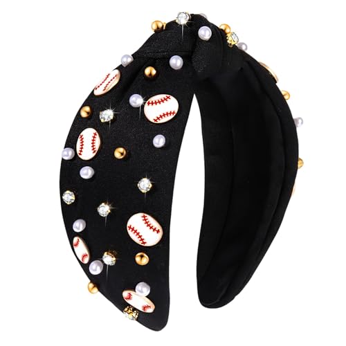 Baseball Headband for Women Baseball Accessories Beaded Crystal Pearl Knotted Headbands Baseball Charm Embellished Hairband Wide Top Knot Sports Game Day Headband Gifts (A-Black 2)