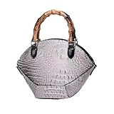 Bamboo Handle Purse for Woman Retro Crocodile Embossed PU Leather Handbag Elegant Purses Stylish Top Handle Bag Structured Dome Satchel with Detachable Strap Faux Croc Pattern Gift Idea(Light Grey)