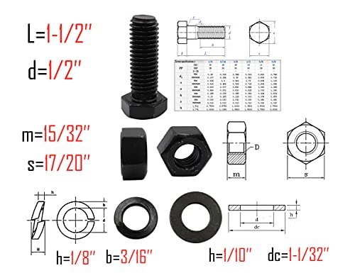 Image of LBY 8 Sets Hex Bolts Kit, 1 /2-13x1-1 /2'' Hex Head Screws Bolts (Fully Threaded), with Heavy-Duty Nuts, Flat & Lock Washers, Alloy Steel (Black)
