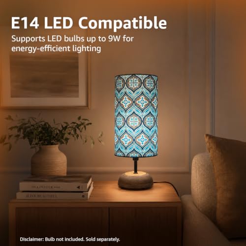Image of Amazon Basics Blue Lagoon Table Lamp | Hand-Painted Mango Wood Base with Printed Polyester Shade | E14 Holder | Decorative Night Lamp for Bedroom, Living Room & Study Room | Home Decor Gift