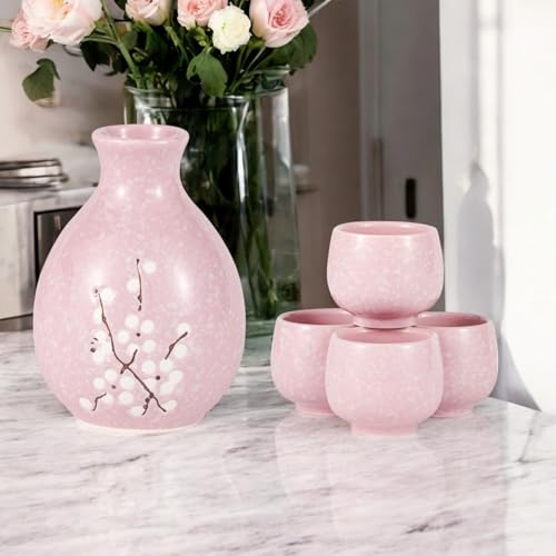 Hinomaru Collection Plum Blossom Ume Design Japanese Sake Set Tokkuri 9 fl oz Bottle with Four Sake Ochoko Cups 1.5 fl oz Hot Cold Sake Serving Carafe Drinkware (Pink)