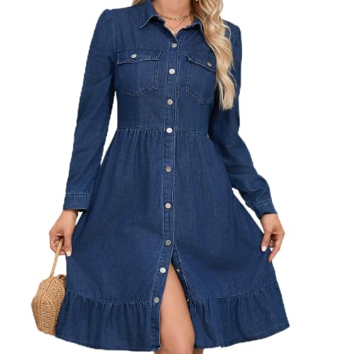 Estzc 2025 Women‘s Flowy Denim Dress A Line Ruffle Midi Jean Dresses Vacation Puff Long Sleeve Button Down Lapel Neck Casual Dress Medium Blue