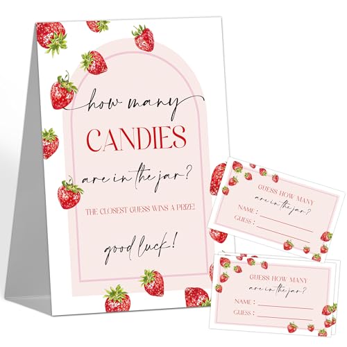 Strawberry Baby Shower Decorations - How Many Candies Are in the Jar Baby Shower Games, 1 Sign and 50 How Many Cards, Funny Gender Reveal Games for Strawberry Party Supplies, 50 Guests