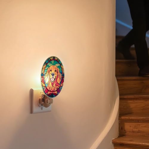 Image of Dog Night Light Golden Retriever, Stained Glass Styled Plug-in Wall Nightlight, Bulb Included, Pet Memorial Dog Lover Gift, Bedroom Hallway Bathroom Decor, Manual On /Off Switch