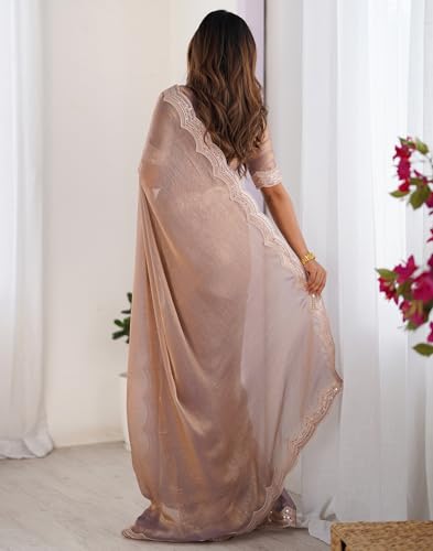 Image of SIRIL Women's Shimmer Chiffon Sequence Embroidery Saree With Unstitched Blouse Piece for Wedding and Parties