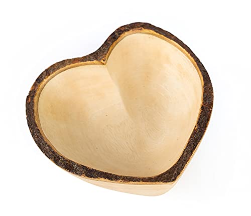 WitnyStore Heart Shaped Wood Bowl 6" Bark Rim Light Brown