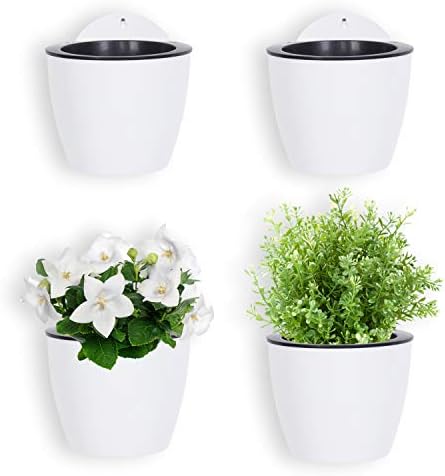 MyGift Wall Mounted White Plastic Hanging Self Watering Planter Pot, Small Flower Cactus Herbs Plant Container Wall Planter Set of 4