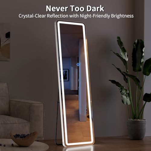 Image of Koonmi Full Length Mirror with LED Lights, 60 inchx16 inch Lighted Mirror with Dimming & 3 Color Lighting, Big Mirror for Bedroom, Dressing Room, Rectangle,White