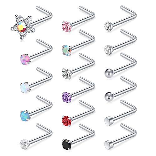 AVYRING 20G Nose Studs L Bar Shape Nostril Rings Nose Bone Nose Screw Surgical Steel Piercing Jewelry for Women Colorful CZ 2mm