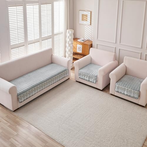 Image of HOKIPO 'BelleLace Series' Imperial Milk Velvet 5 Seater Set (3+1+1) Sofa Cover Mat for 311 Seater Sofa, Lace Design, Cloud Grey (AR-5966+5962 * 2-LGRY)