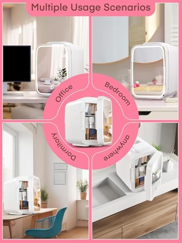 FOHERE 5L Mini Kühlschrank mit LED LICHT Spiegel,220V AC, Getränkekühlschrank, Kleine Skincare Fridge Kühl/Heizfunktion für Schlaf & Wohnzimmer, Büro Schreibtisch,Weiß