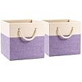 PRANDOM Large Foldable Cube Storage Bins 13x13 inch [2-Pack] Fabric Linen Storage Baskets Cubes Drawer with Cotton Handles Organizer for Shelves Nursery Closet Bedroom Purple