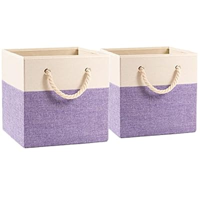 PRANDOM Large Foldable Cube Storage Bins 13x13 inch [2-Pack] Fabric Linen Storage Baskets Cubes Drawer with Cotton Handles Organizer for Shelves Nursery Closet Bedroom Purple