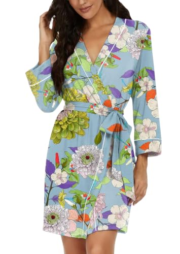 Image of PrinStory Womens Robe Knee Length Soft Knit Bathrobe S-2XL | V-Neck 3 /4 Sleeve Robes with Pockets, Lightweight, Breathable Bath Robe for Shower, Spa, Travel, Home, Party, Nursing