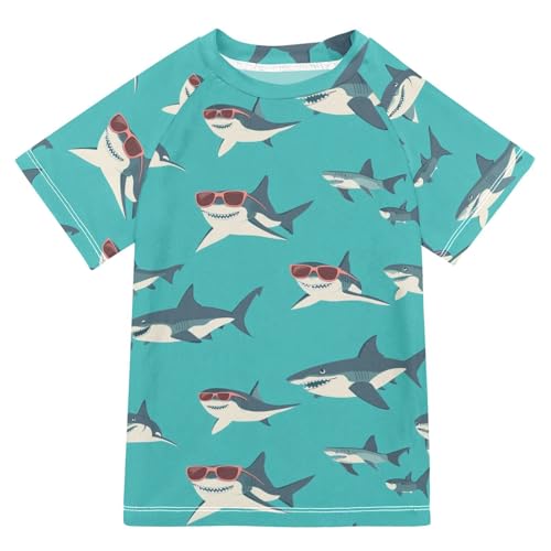 CaTaKu Funny Sunglasses Sea Shark Boys Rash Guard Swim Shirts Toddler Quick Dry UPF 50+ Rashguard Short Sleeve 3-12T