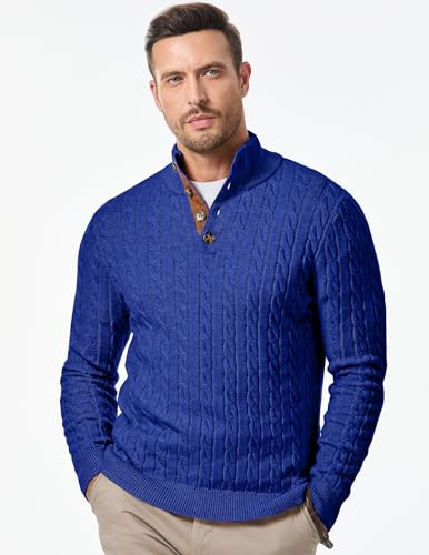 Image of JMIERR Men's Cable Knit Pullover Sweater Casual Long Sleeve Stand Collar Button Knitted Sweaters