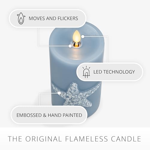 Image of Luminara Embossed Starfish Flameless LED Candle Moving Flame Pillar, Unscented Real Wax with Recessed Edge- 3 inch x 6.5 inch (Chambray)