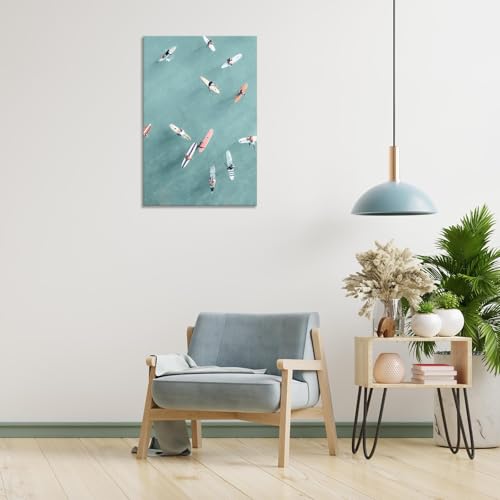 Abstract Ocean Painting - Denim-Clad Surfers Floating On Translucent Waves, Modern Serene Sea Canvas Wall Art For Coastal Living Room Decor Modern Beach House 24x36in Wframed - Image 3