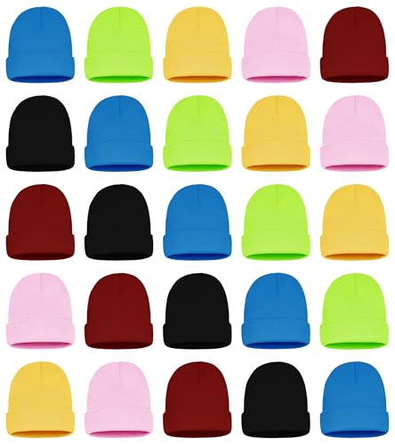 25 Pack Winter Beanie Hats, Unisex Thermal Toboggan Cold Weather Cuffed Caps Bulk Bundle