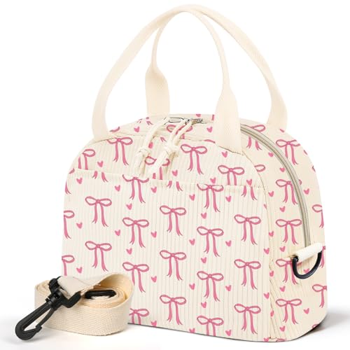 WOBAGMEN Lunch Box for Women,Lunch Bag Cute Corduroy Insulated Lunch Box With Shoulder Strap for Adult Womens for Work Picnic (pink bow heart)
