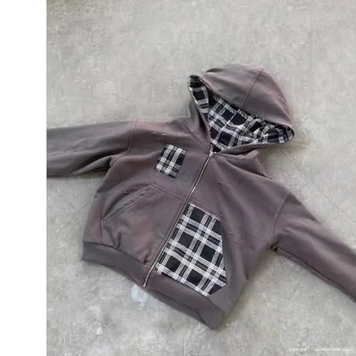 Men's retro checkered printed full zip cardigan, reversible hoodie, casual hip-hop style streetwear with pockets3